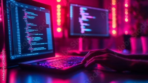Someone types code on a laptop computer in a neon lit room