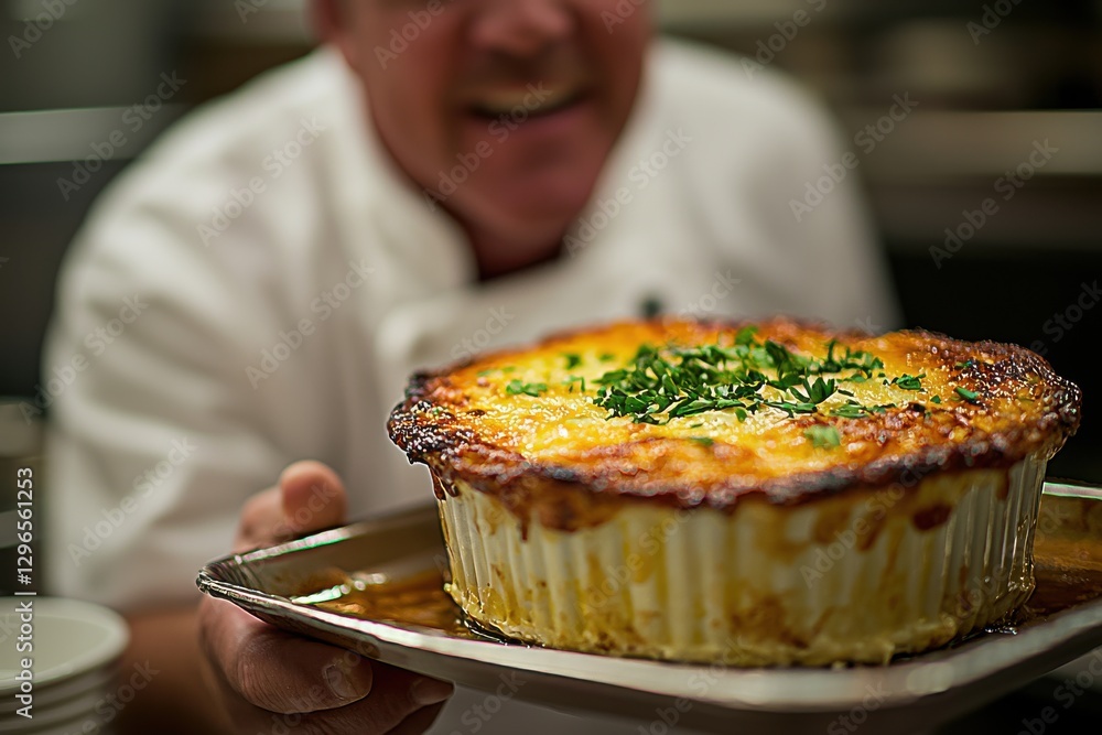 Φωτογραφία Chef proudly presents a golden-crusted gratin topped with fresh herbs, showcasing culinary expertise and offering a tantalizing glimpse into the world of gourmet dining and food