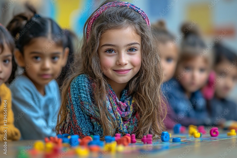 teacher in a multicultural classroom helps a group of students from different ethnic backgrounds in a math lesson. The children use different types of teaching tools to solve problems. teacher in a multicultural classroom helps a group of students from different ethnic backgrounds in a math lesson. The children use different types of teaching tools to solve problems.