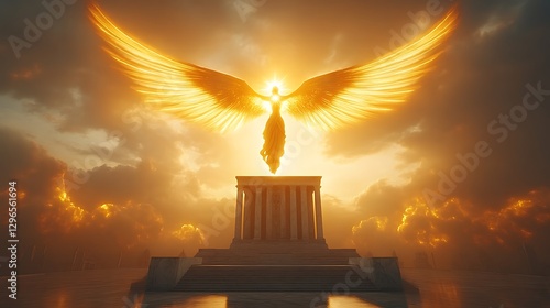 Radiant angel statue on pedestal, golden wings, dramatic sky, sunset background