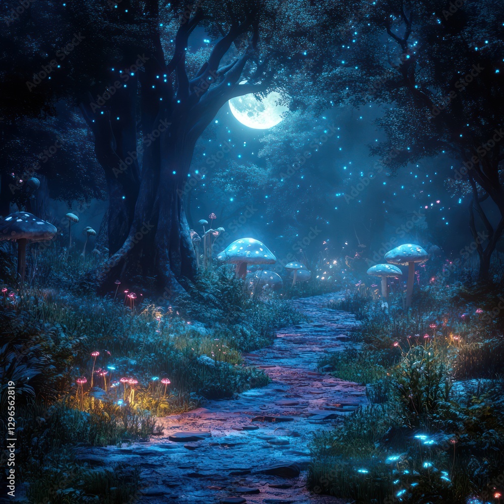 Enchanted Forest with Bioluminescent Mushrooms and Full Moon By Generated AI Enchanted Forest with Bioluminescent Mushrooms and Full Moon By Generated AI