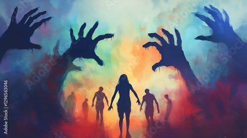 Dark Silhouettes of Zombies and Clawing Hands in a Mysterious Foggy Atmosphere
