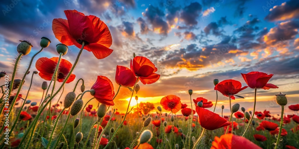 Obraz premium Low Light Poppy Field: Upward View, Vibrant Red Blooms at Dusk
