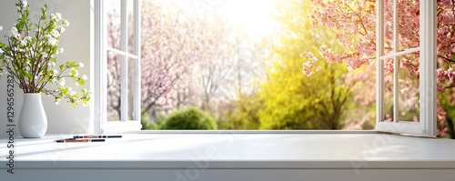 Bright window showcases spring blossoms with vase and pens indoors