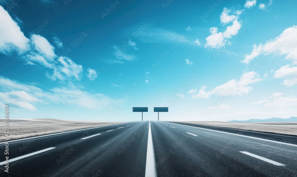 Naklejka premium Highway billboard under a bright blue sky, empty and ready for customization, with a long road leading into the distance, clean and professional setting