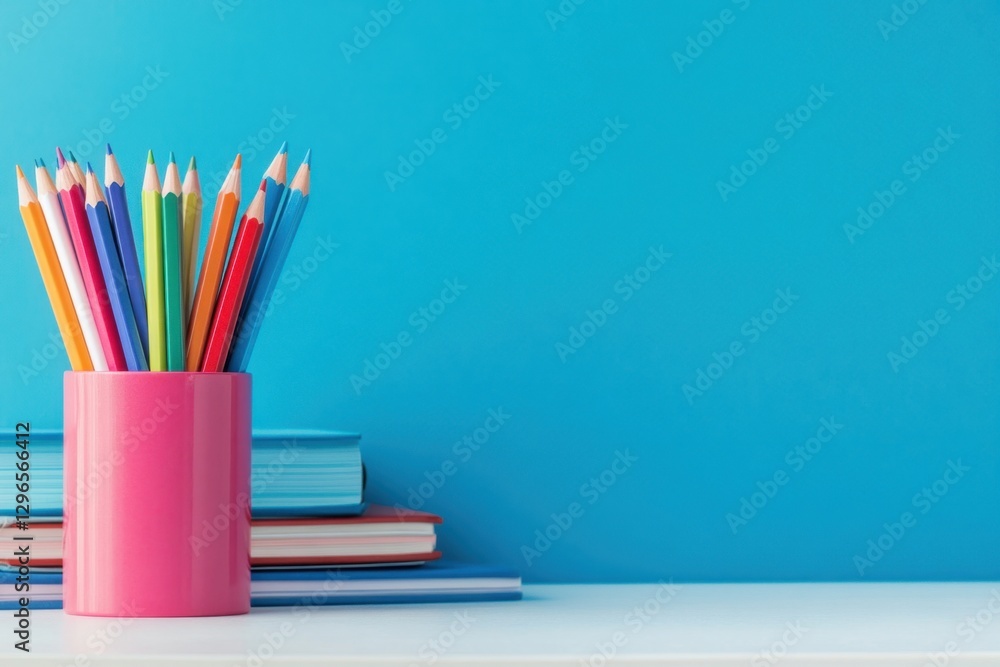 Fototapeta premium Brightly colored pencils are arranged in a pink holder on a desk, against a vivid blue wall. Generated AI