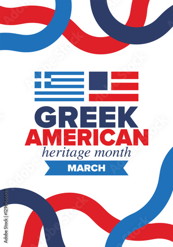 Greek American Heritage Month. Greece and United States flag. Greek blue color. Happy holiday celebrate in March. Culture month. Patriotic design. Poster, card, banner, template. Vector illustration