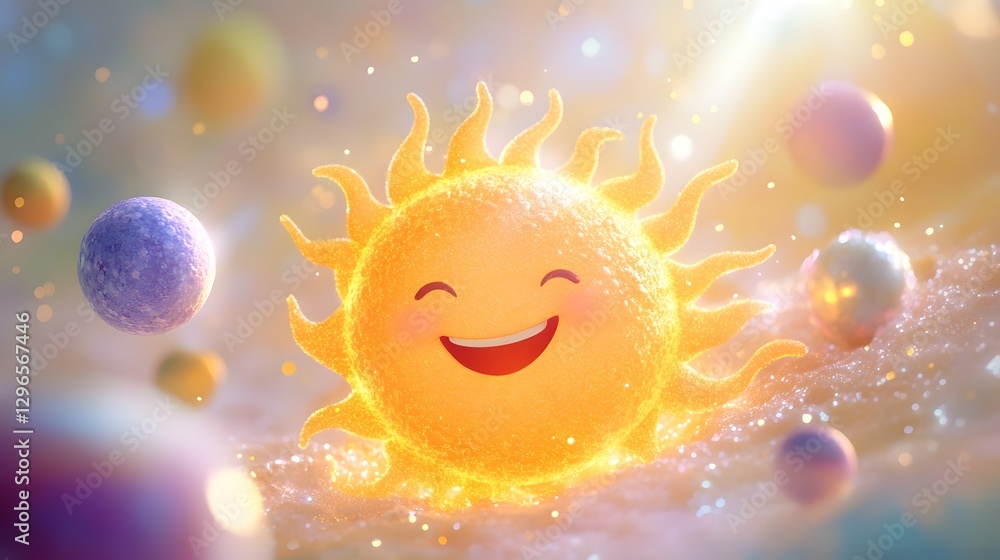 Radiant 3D Sun with Glowing Smile Surrounded by Happy Cosmic Planets in Pastel Art Radiant 3D Sun with Glowing Smile Surrounded by Happy Cosmic Planets in Pastel Art