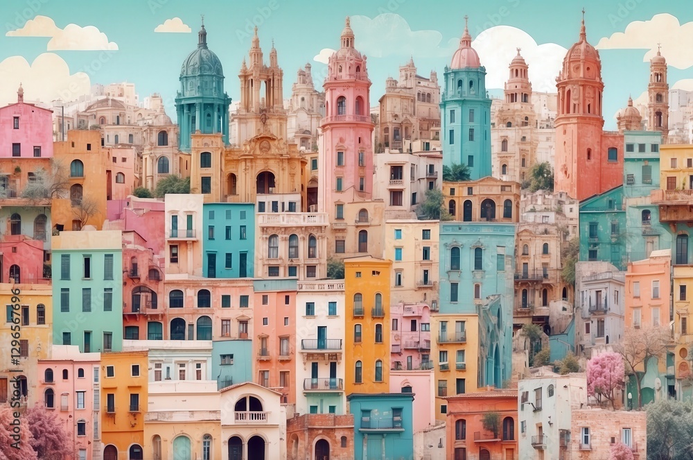 Fototapeta premium Colorful historic buildings fill the skyline of a vibrant city on a sunny day with artistic architecture and unique designs