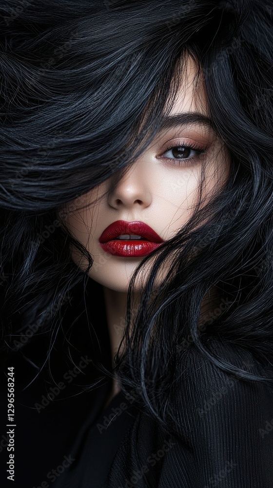 Fototapeta premium A woman with long black hair and red lipstick
