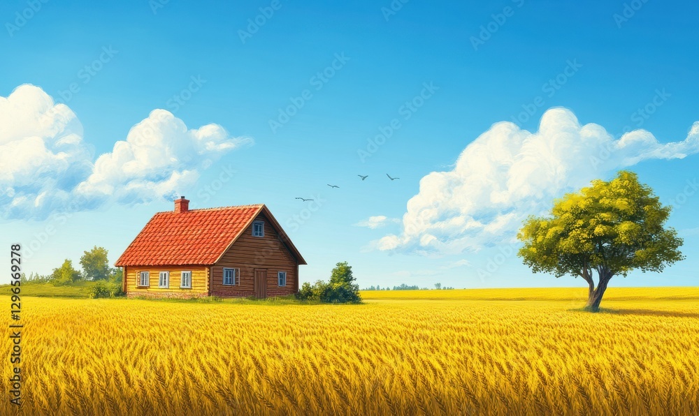 Idyllic rural landscape with a cozy farmhouse surrounded by golden wheat fields under a clear blue sky, creating a tranquil and abundant atmosphere Idyllic rural landscape with a cozy farmhouse surrounded by golden wheat fields under a clear blue sky, creating a tranquil and abundant atmosphere