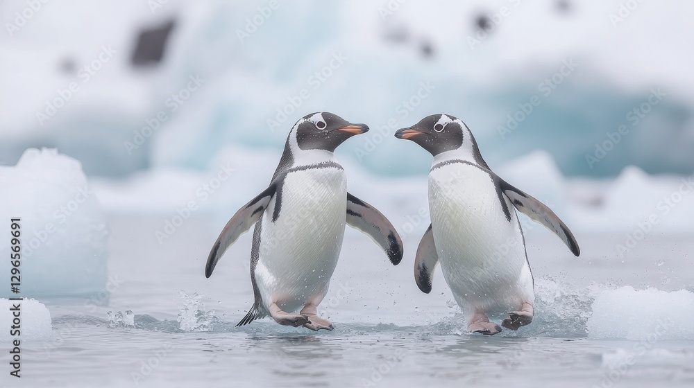 Fototapeta premium Playful gentoo penguins splashing in icy waters antarctica wildlife photography natural habitat close-up view
