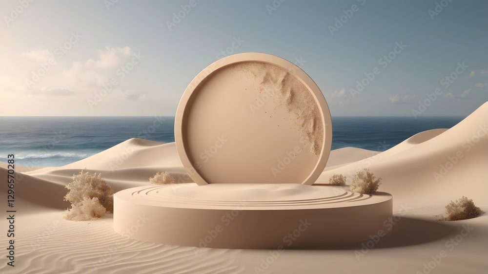 Obraz premium desert scene, a product display podium against a backdrop of the sea and clear sky