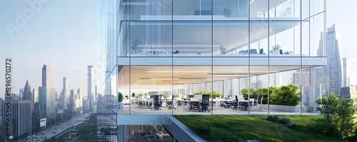Modern office building with green space overlooking a cityscape