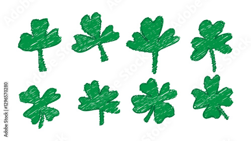 Lucky shamrock clover drawn with four leaf vector. Chalk sketch brush set for St Patrick trefoil. Irish Celtic luck day isolated illustration. Green graphic with crayon texture for spring holiday.
