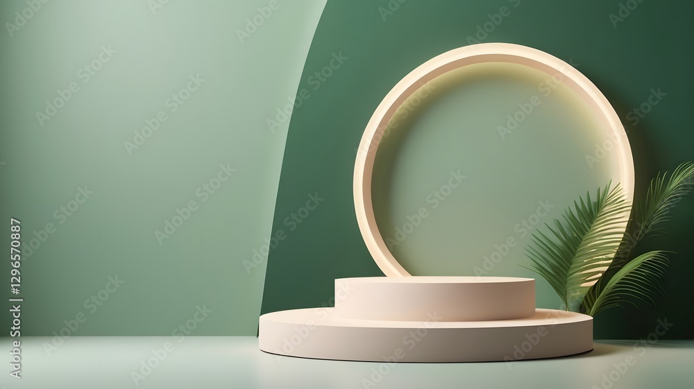 minimalist product display with a stylish podium, geometric shapes and leaves minimalist product display with a stylish podium, geometric shapes and leaves