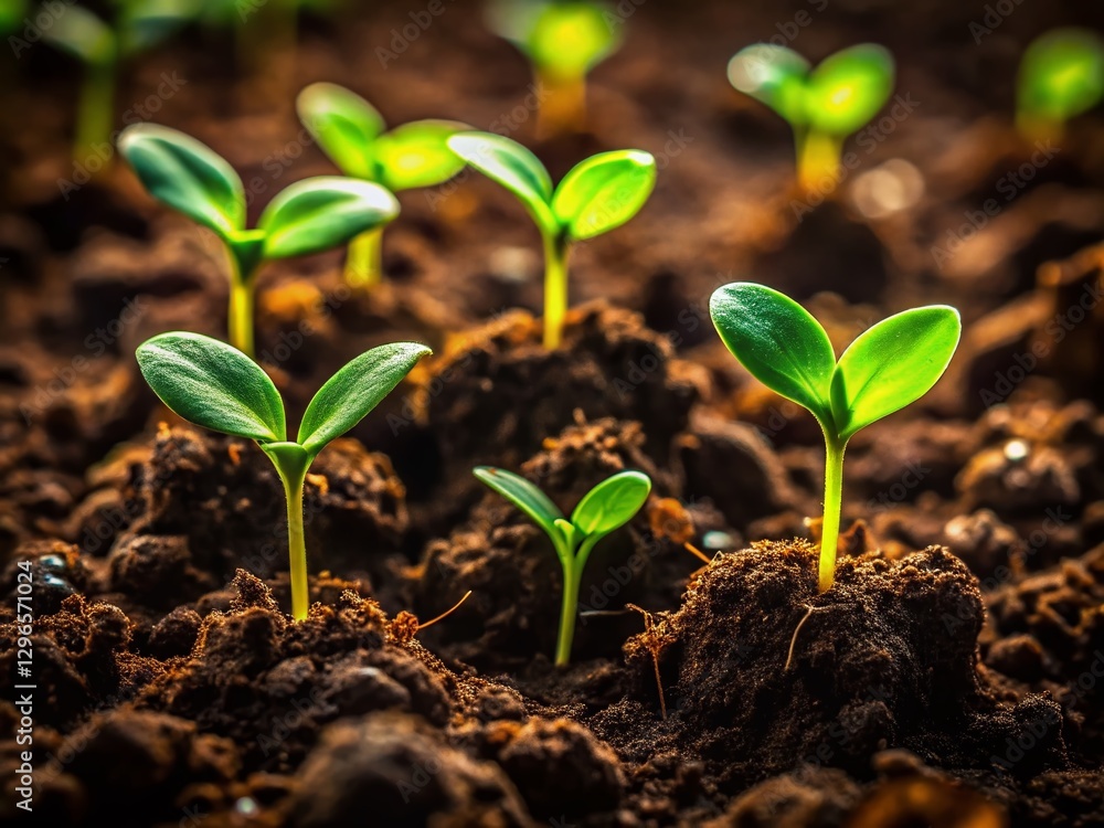 Lush Green Sprouts Emerging from Dark, Fertile Soil - Low Light Photography Lush Green Sprouts Emerging from Dark, Fertile Soil - Low Light Photography
