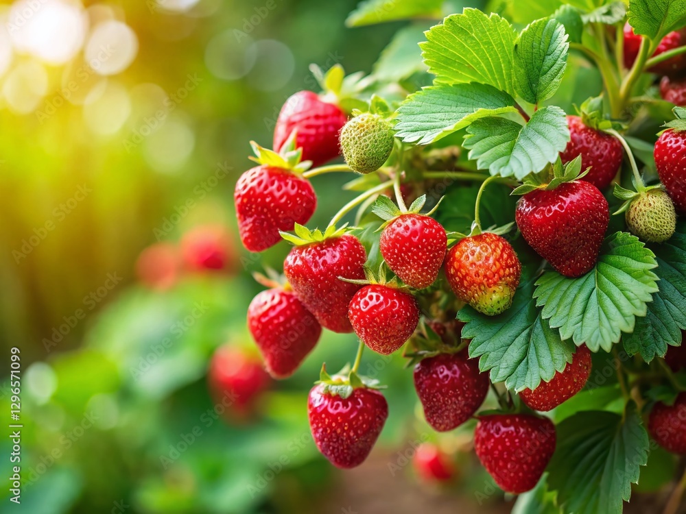 Lush Green Strawberry Bush with Red Berries - Abundant Harvest Copy Space Lush Green Strawberry Bush with Red Berries - Abundant Harvest Copy Space