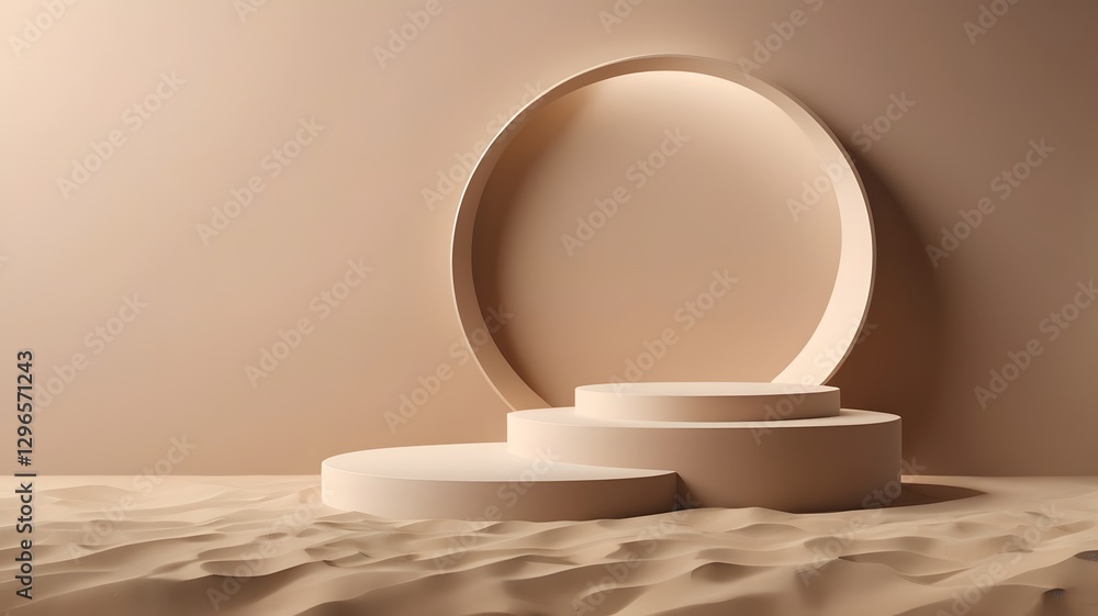 a minimalist beige podium display on a sand-like texture background with a circular design a minimalist beige podium display on a sand-like texture background with a circular design