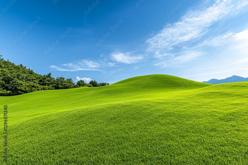 Obraz premium A lush green soybean farm under a bright blue sky, stretching into the distance