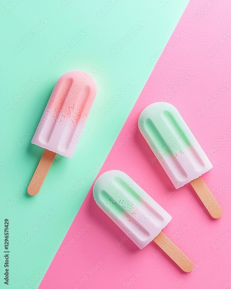 Ice cream popsicle on pastel colored surface. Generative Ai Ice cream popsicle on pastel colored surface. Generative Ai