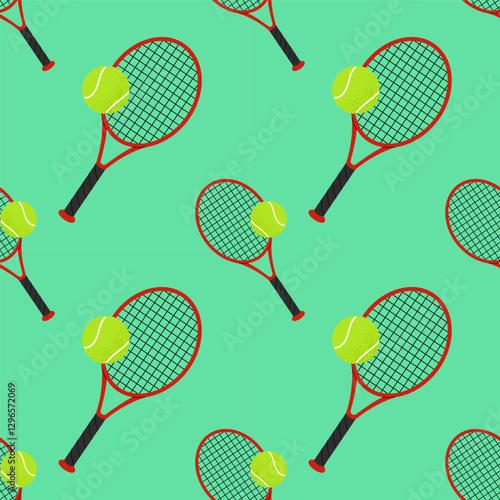 Tennis racket and ball. For sports themes, outdoor games and team activity concepts. Seamless pattern for textile, wrapping paper, background.