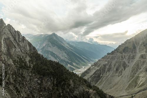 Beautiful Himalayan mountain landscape view of Baltal on Zoji La Pass with Sindh River in the Srinagar-Leh road in Jammu and Kashmir, India. photo