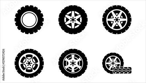 Car wheel icons set. Black wheel tires silhouette. For web design, isolated on white background.
