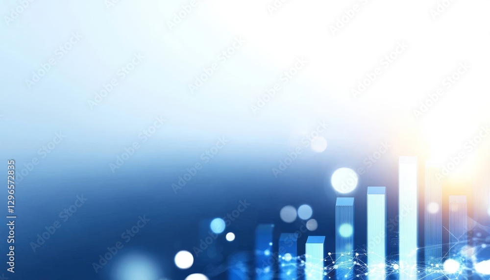Fototapeta premium Abstract blue background with translucent bar graphs and soft lighting, suggesting growth, data analysis, and financial themes.