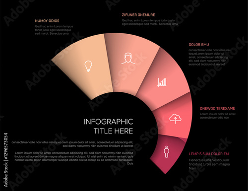 A semi-circular infographic with gradient sections in pink and red hues features various icons. The design includes placeholder text and highlights five sections around a central circle.