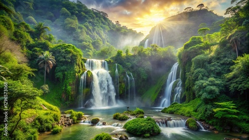 Lush Tropical Waterfall Cascading Down Mountainside in Panoramic View