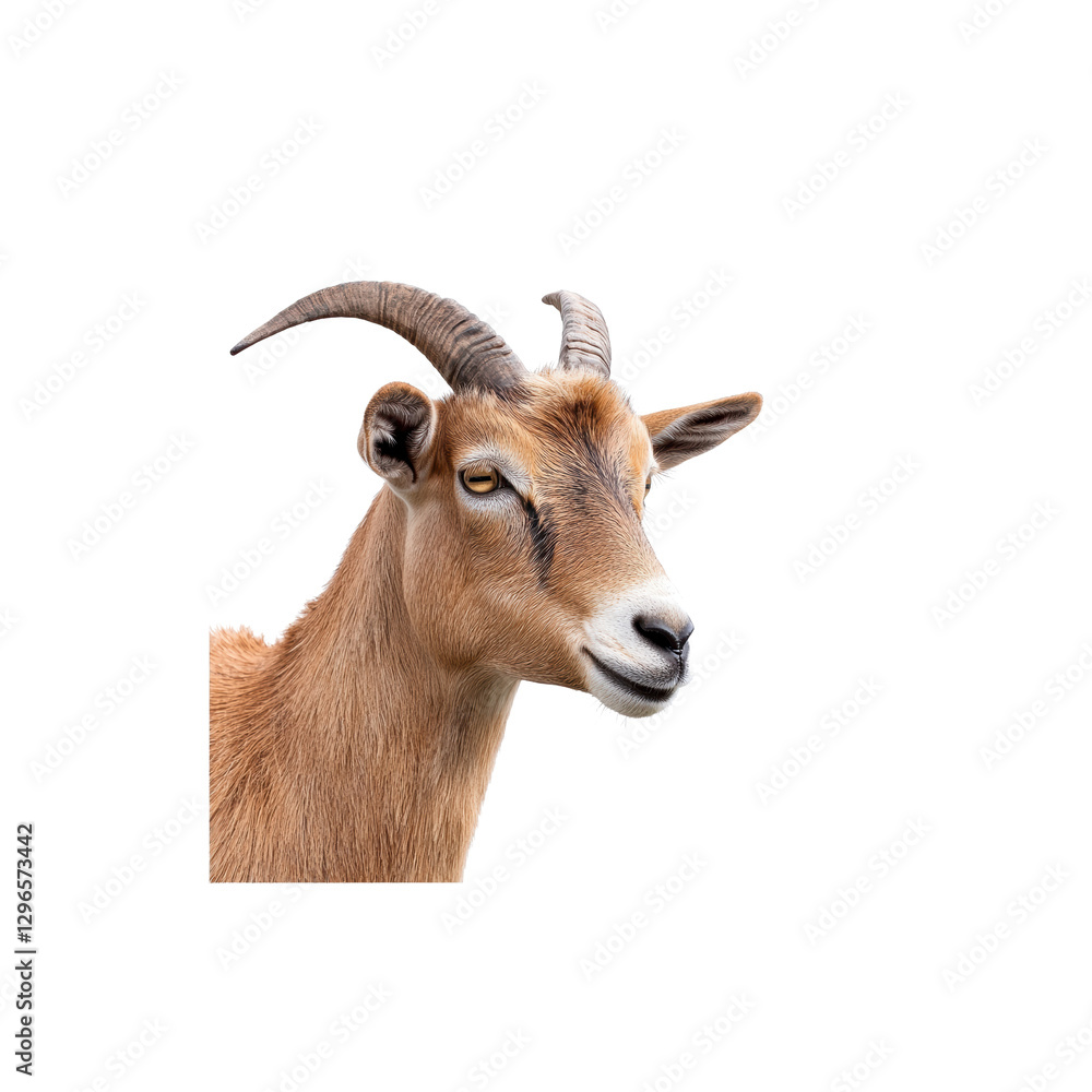 Close-up Portrait of a Brown Goat with Curved Horns Against White Background Close-up Portrait of a Brown Goat with Curved Horns Against White Background