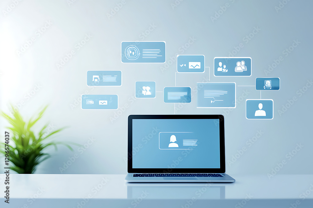 open laptop on white table with floating data and profile icons. cloud data storage and online collaboration concept, cloud services open laptop on white table with floating data and profile icons. cloud data storage and online collaboration concept, cloud services