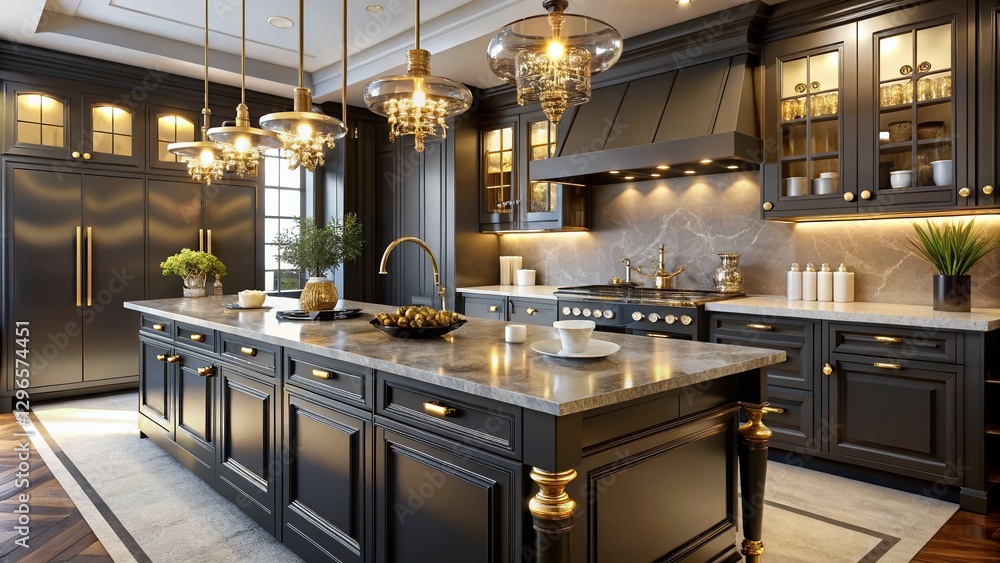 Luxurious Black & Gold Kitchen: Ornate Design with Bokeh Lighting - Stock Photo Luxurious Black & Gold Kitchen: Ornate Design with Bokeh Lighting - Stock Photo