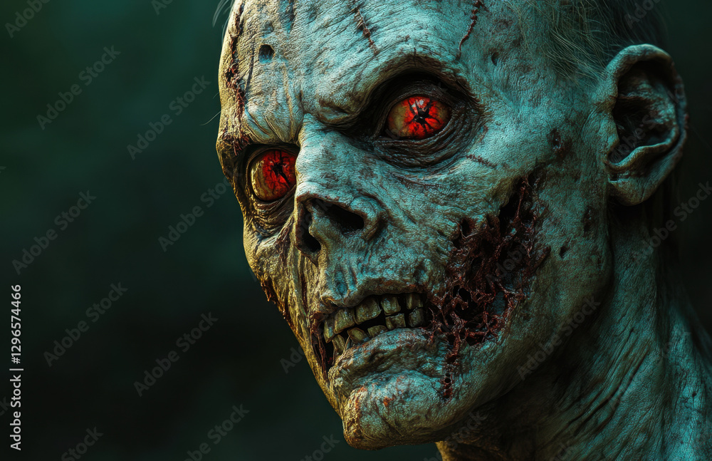 A zombie with very pale skin and large red eyes stands menacingly in a dimly lit setting. Its cracked face and exposed teeth convey a chilling sense of danger A zombie with very pale skin and large red eyes stands menacingly in a dimly lit setting. Its cracked face and exposed teeth convey a chilling sense of danger