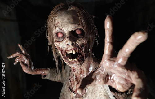 A zombie woman faces the camera, her hand extended as if to grasp something. Her eyes glow red against the dark background, emphasizing her terrifying presence and decayed appearance photo