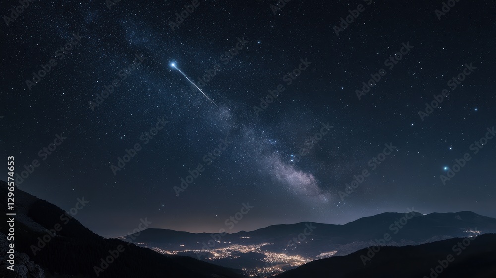 Fototapeta premium A meteor shower lighting up the sky over a mountainous landscape,Ai generative