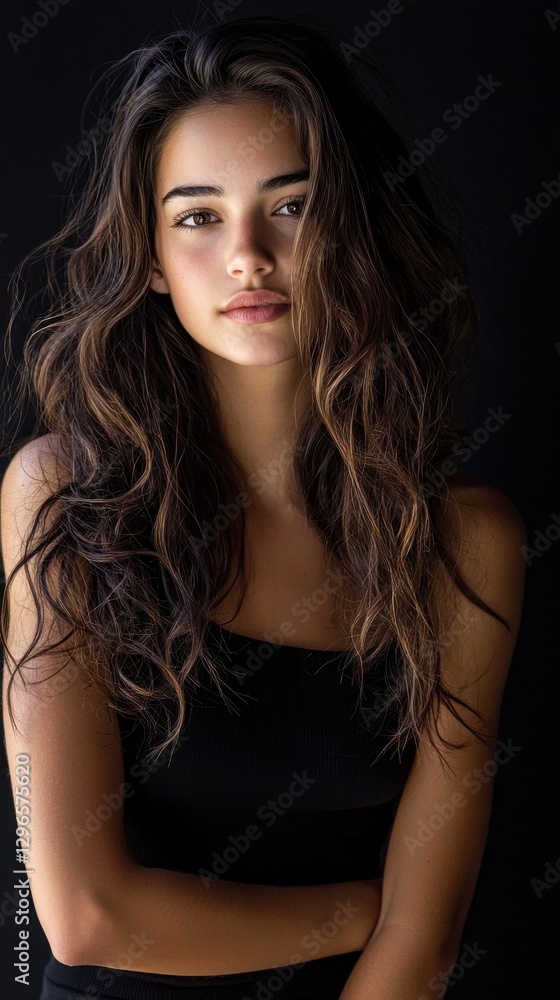 A woman with long brown hair is standing in front of a black background A woman with long brown hair is standing in front of a black background