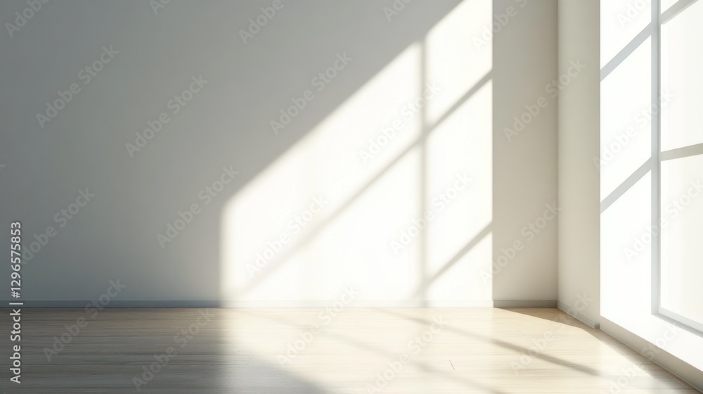 Fototapeta premium Empty room, sunlight through window, modern interior, potential for furniture catalog, or design inspiration