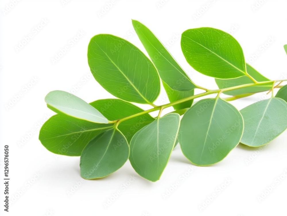 Silver Drop Eucalyptus Branch with Vibrant Green Leaves on White Clean Background Close Up Isolated Silver Drop Eucalyptus Branch with Vibrant Green Leaves on White Clean Background Close Up Isolated
