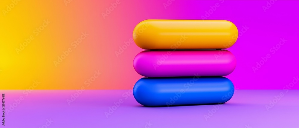 Three vibrant, rounded objects stacked in yellow, pink, and blue against a colorful gradient background, creating a playful and modern aesthetic. Three vibrant, rounded objects stacked in yellow, pink, and blue against a colorful gradient background, creating a playful and modern aesthetic.