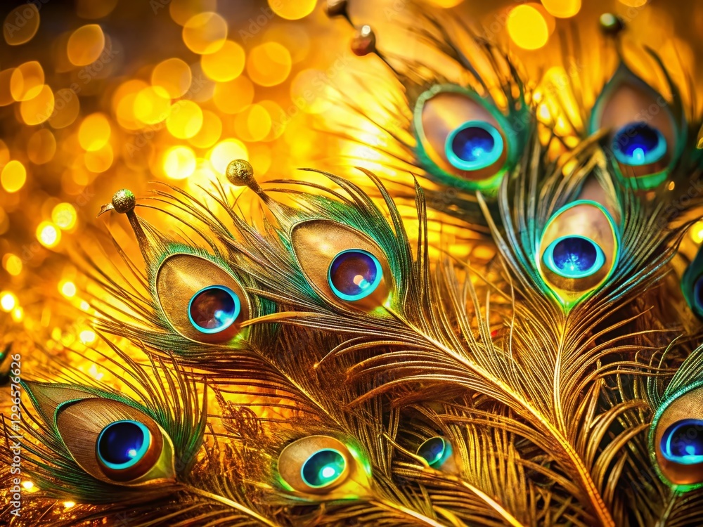 Obraz premium Luxurious Golden Peacock Feathers on Gold Background - Stock Photo