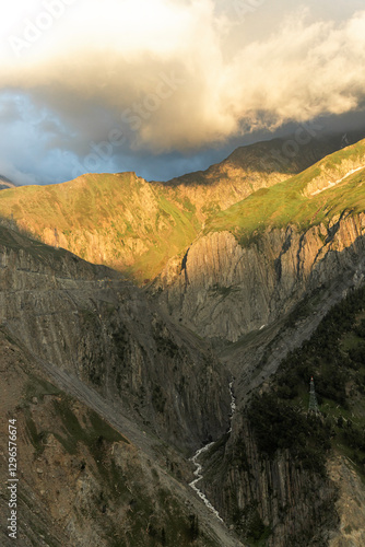 Beautiful Himalayan mountain landscape view of Baltal on Zoji La Pass with Sindh River in the Srinagar-Leh road in Jammu and Kashmir, India. photo