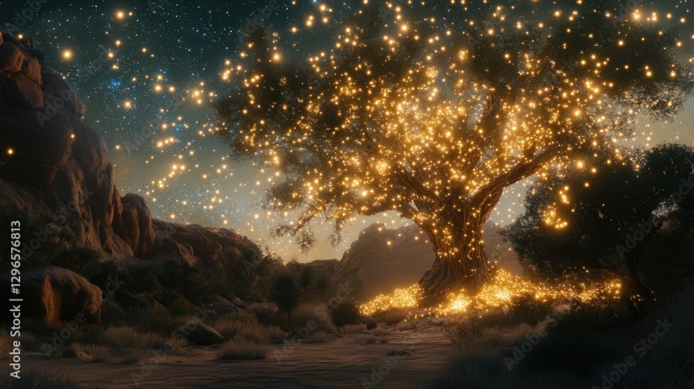 Enchanted Tree under the stars: An illuminated tree shines brightly under a starlit night sky, creating a magical and otherworldly atmosphere. Enchanted Tree under the stars: An illuminated tree shines brightly under a starlit night sky, creating a magical and otherworldly atmosphere.