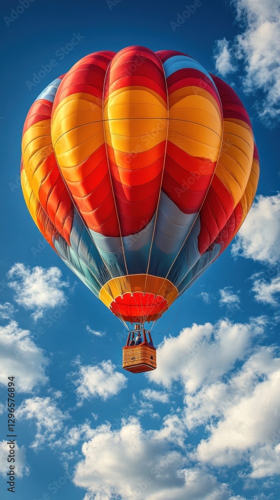 Fototapeta premium Colorful hot air balloon soaring, blue sky, clouds, travel