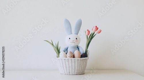 Eco friendly Easter basket featuring a plush bunny, decorative eggs, and fresh flowers for a sustainable celebration photo