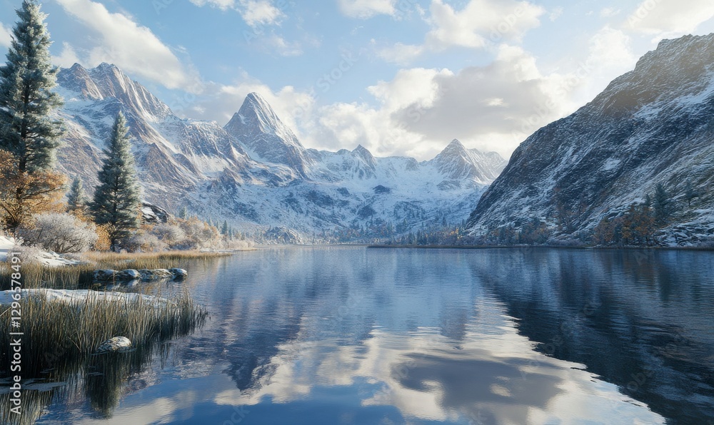 Scenic alpine lake surrounded by towering snowy mountains, soft natural light reflecting on the calm water creating a peaceful and expansive view Scenic alpine lake surrounded by towering snowy mountains, soft natural light reflecting on the calm water creating a peaceful and expansive view