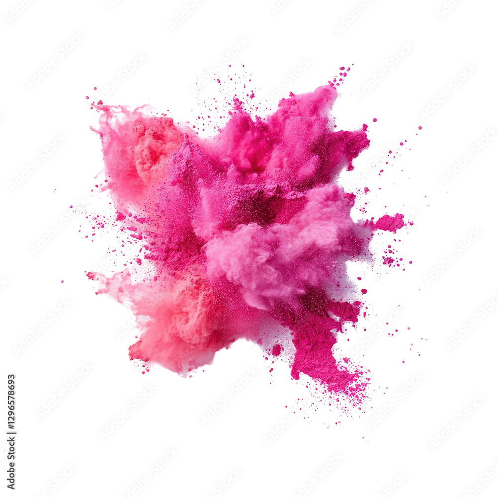Fototapeta premium Colorful explosion of pink and red powder, vibrant artistic display, suitable for creative designs or festive themes. Isolated on white background or PNG