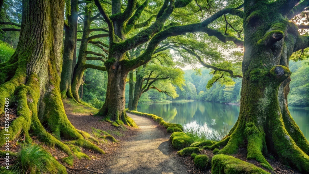 Naklejka premium A picturesque forest trail with moss-covered tree trunks and vines crawling up the trunk of a towering oak, leading to a tranquil lake in the distance, moss, nature scenery