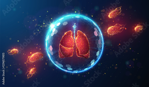 Human Lungs Protected by Shield from Bacteria Made of Neon Particles in Center. Abstract illustration on bacterial, virus respiratory disease prevention healthcare medical concept on blue background